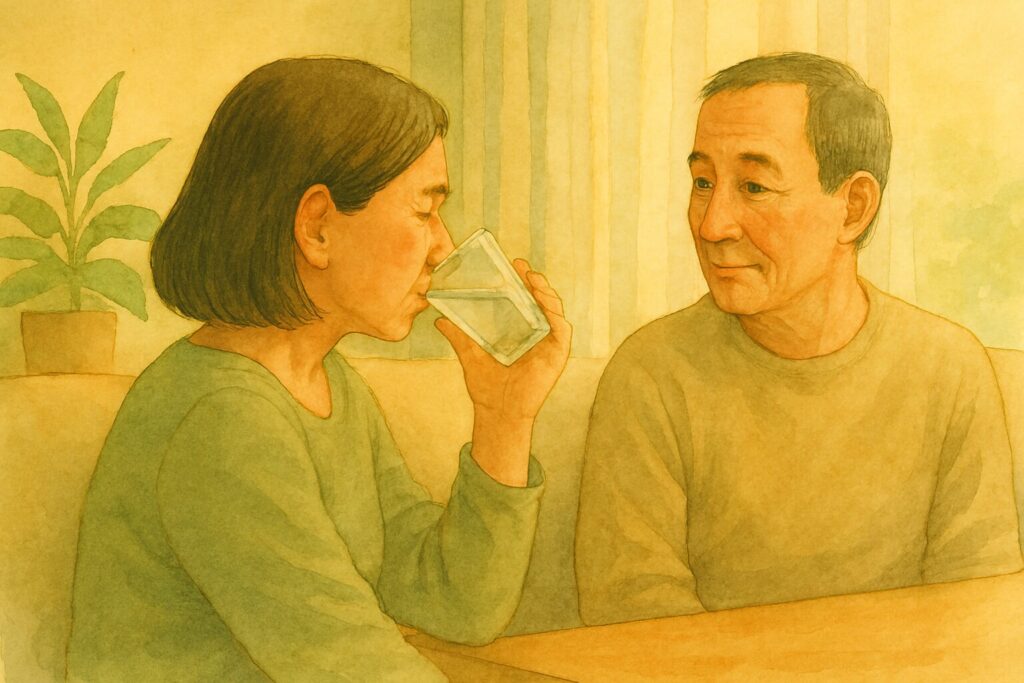 水を飲む女性と見守る男性